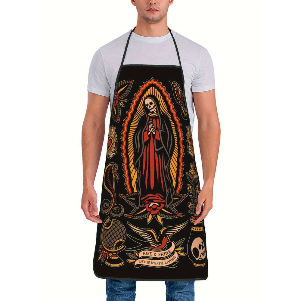 Retro Tattoo Design Skull & Floral Print with "Rise From Ashes" Quote - Durable Kitchen Apron for Cooking, Restaurants S260205