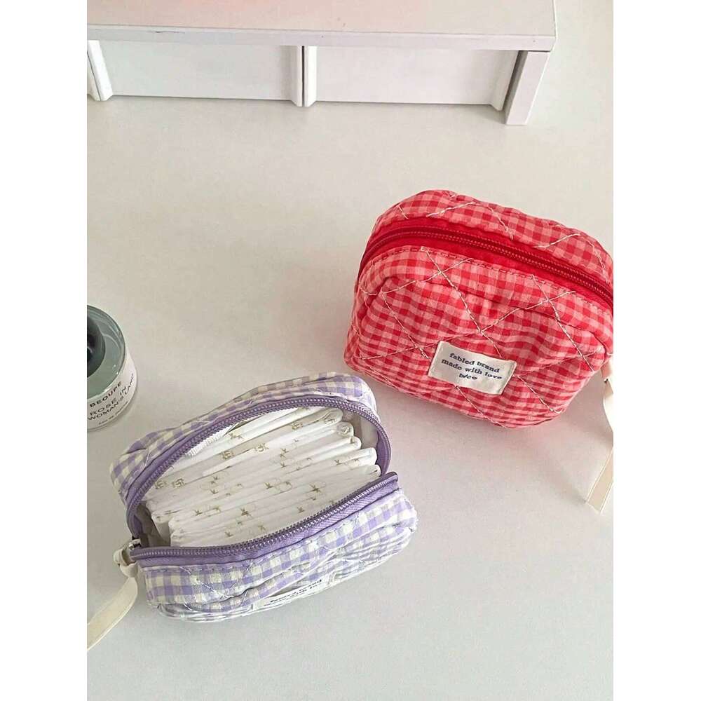 1pc/set Lace Plaid Quilted Multifunctional Portable Travel Storage Bag, Cute Ruffle Makeup Bag Y260206