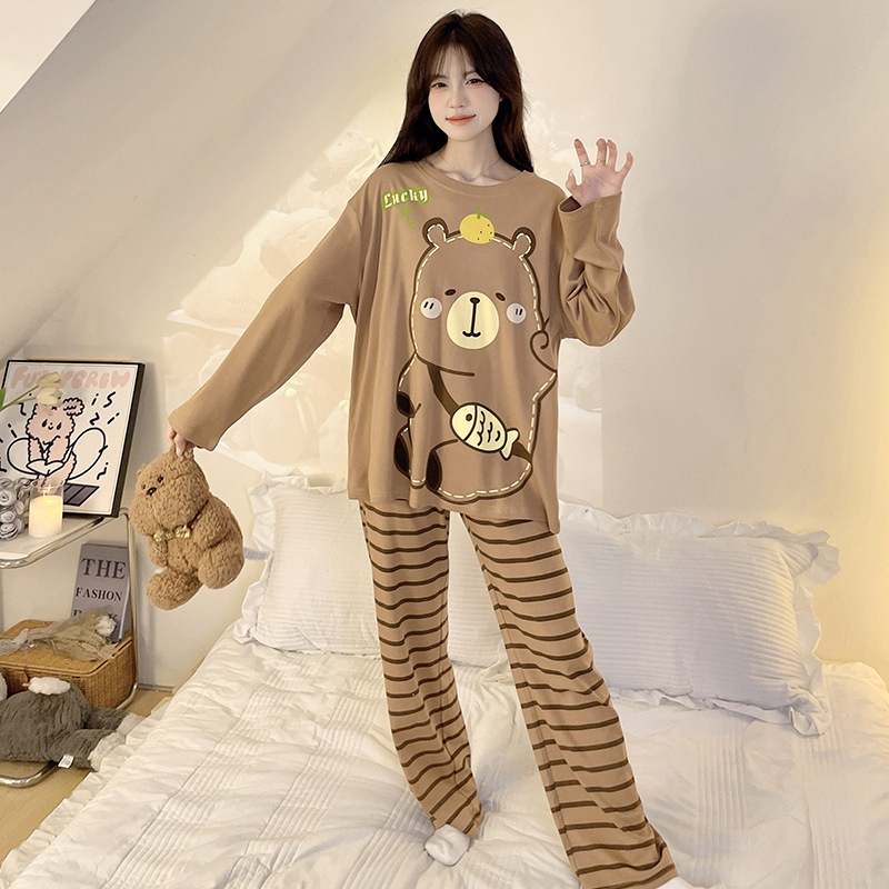 B1405-Elegant Women's Pajama Ensemble: Matching Cherry Patterned Tops and Bottoms with Sleeves