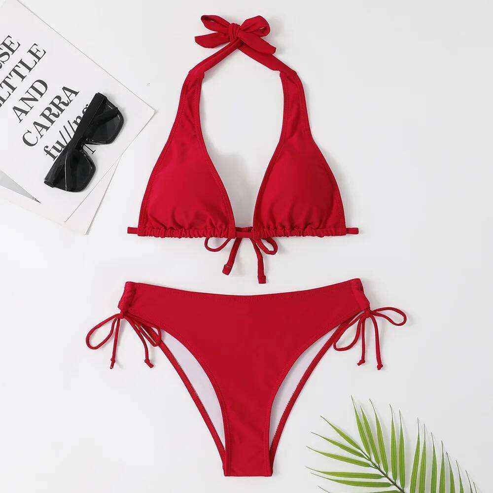 2025 Sexy Halter Bikini Swimsuit Low Waisted Black/Red/Rose Beach Bathing Suit Cheap Bandage Brazilian Swimwear Two Pieces Sale Z260206