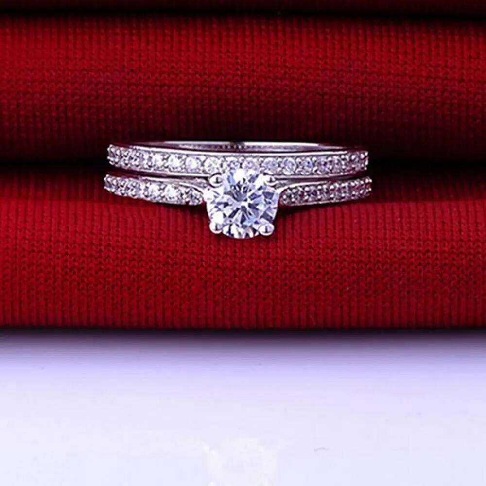 2Pcs/Set Shiny Cubic Zirconia Plated Silver Romantic Couple Finger Ring for Wedding W260206