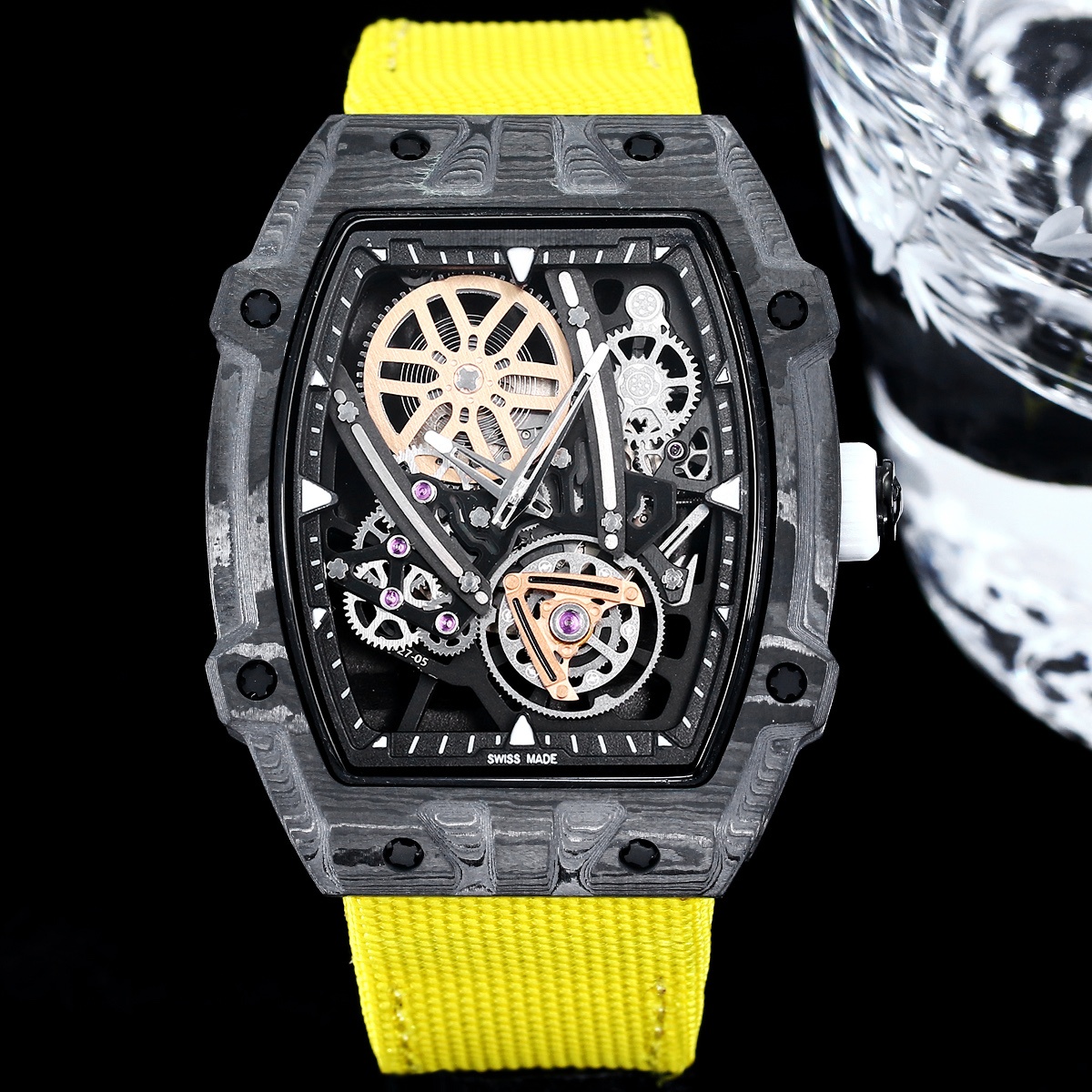 27-05 Flying Tourbillon Luxury Mens Watch 37.25mm Ultra-thin Ultra-light Carbon TPT B.4 Fiber Swiss Automatic Skeleton Waterproof Sapphire Crystal