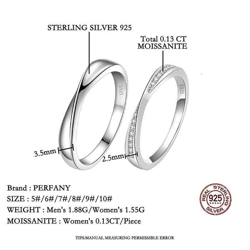 PERFANY S925 Pure Silver Moissanite for Women Men Couple Ring Fashion Wedding Jewelry Valentine's Day Gift W260206