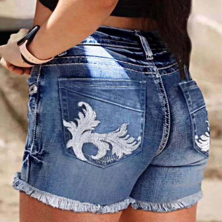 Fashionable Embroidered Design Denim Shorts. European and American New Loose High-waisted Fringed Shorts for Women in Summer C260206