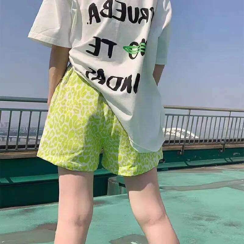 New Summer Blue Leopard Print Shorts for Women Loose Wide-leg Elastic Waist Personality Casual Jeans Hot Pants XJ260206