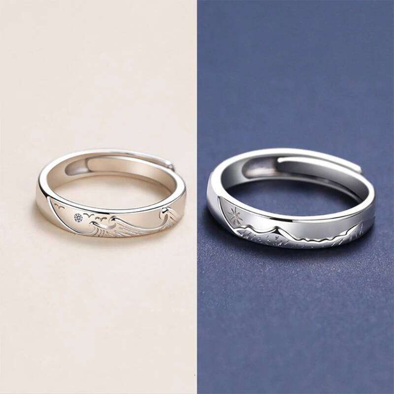 2 Pieces Adjustable Matching She and Him Set Rings Mountain Sea Declaration Promise Ring Valentine's Day Gift W260206