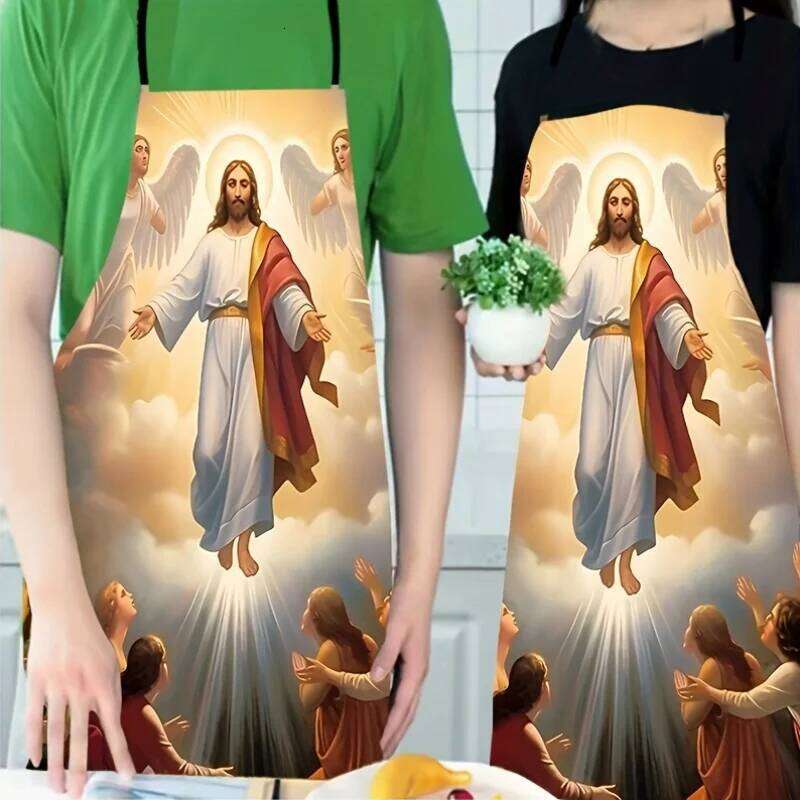 Jesus Print Polyester Apron - Vibrant Sleeveless Kitchen Bib with Ascension Design, Durable & Easy-Clean for Cooking, Grilling S260205