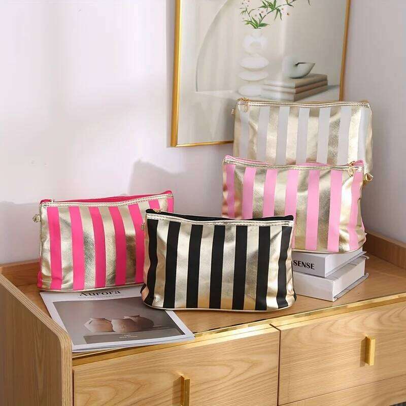 Large Capacity Makeup Bag with Golden Accents, Black Pink Gold Travel Toiletry Organizer for Brushes Lipsticks Y260206