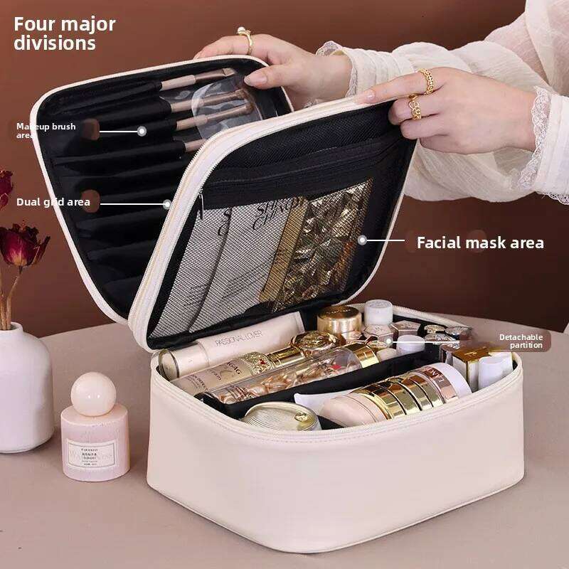 New Double-Layer Four-Zone PU Large Cosmetic Bag for Women, Portable, High-End, Large-Capacity Makeup Organizer Box Y260206