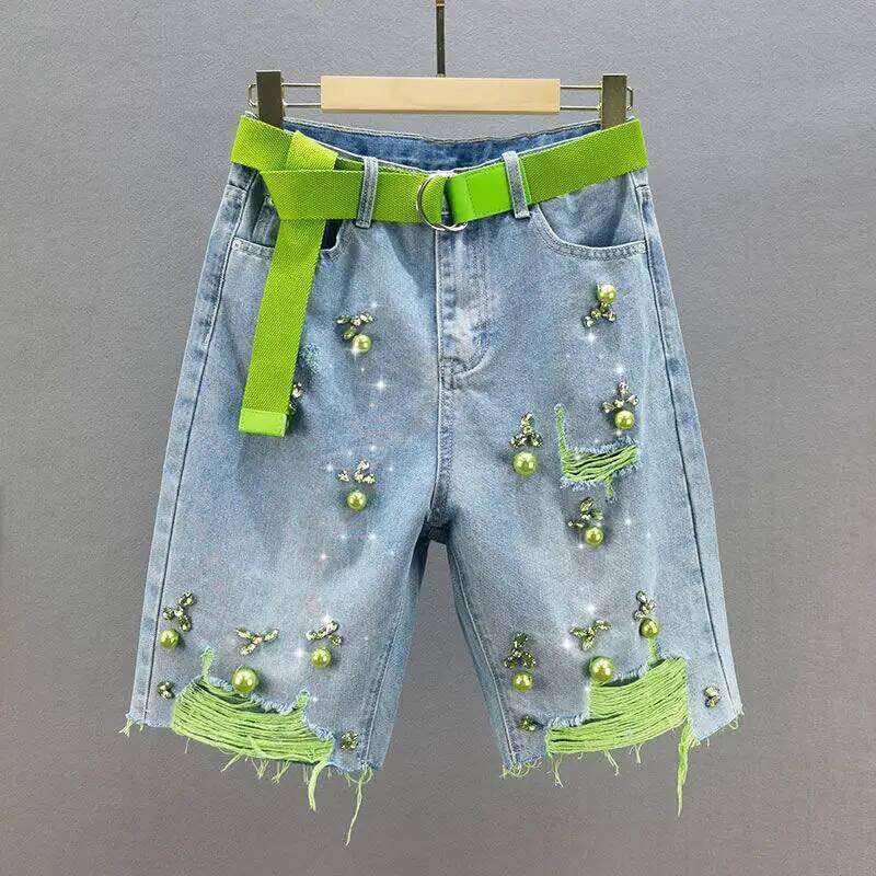 Green Hole Women Summer Pearl Decoration Raw Edge Short Jeans Chic High Waist Loose Straight Denim Shorts XJ260206