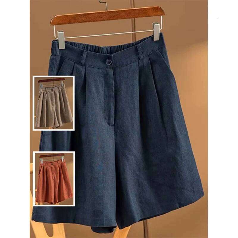 Khaki Solid Casual Linen Cotton Elastic High Waist Wide Leg Button Loose Women's Korean Fashion Summer Shorts Women XJ260206