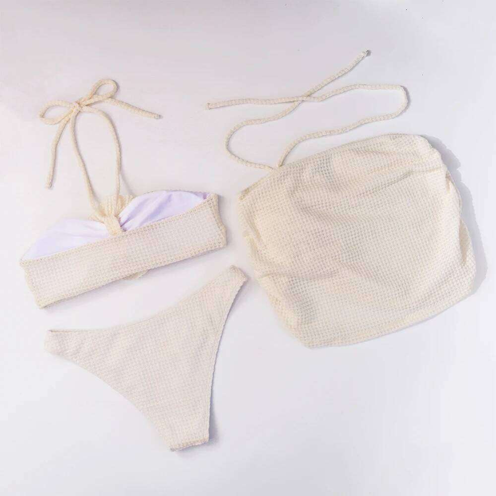 2025 Sexy Flowers Three Pieces Bikini Set Swimsuit For Women Solid Bandage Swimwear Female Bathing Beachwear Swimming Suit Z260206