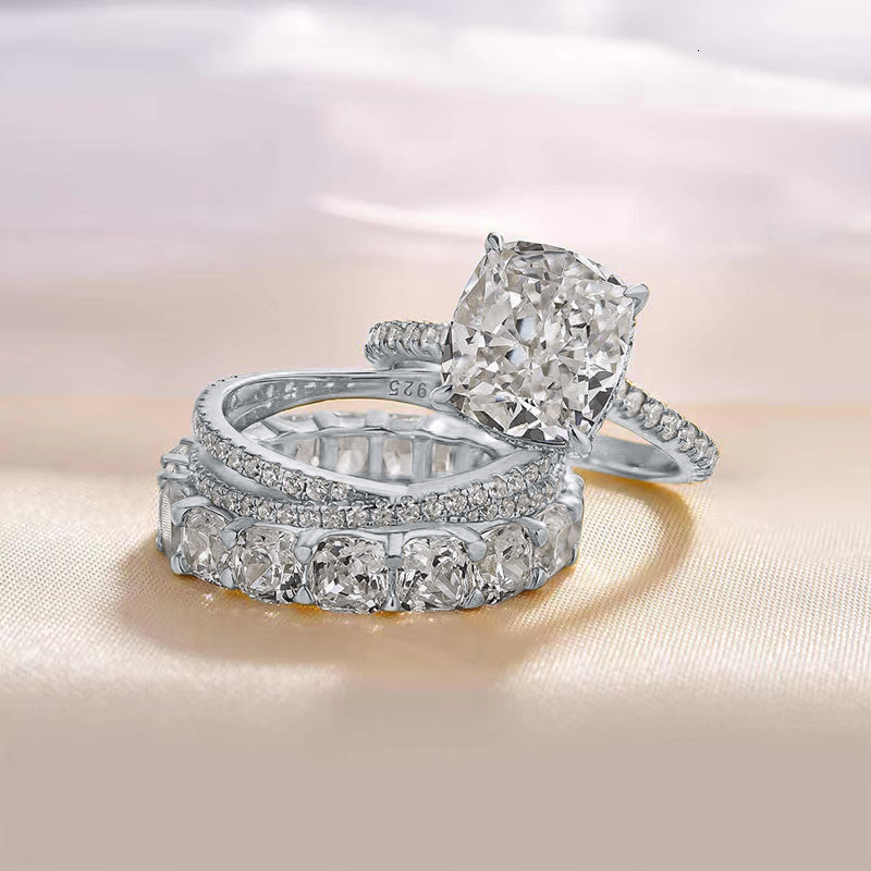 925 Sterling Silver 5A Zircon Wedding Combination for Women 10*10 Ice Flower Cut Simulated Diamond Ring Jewelry