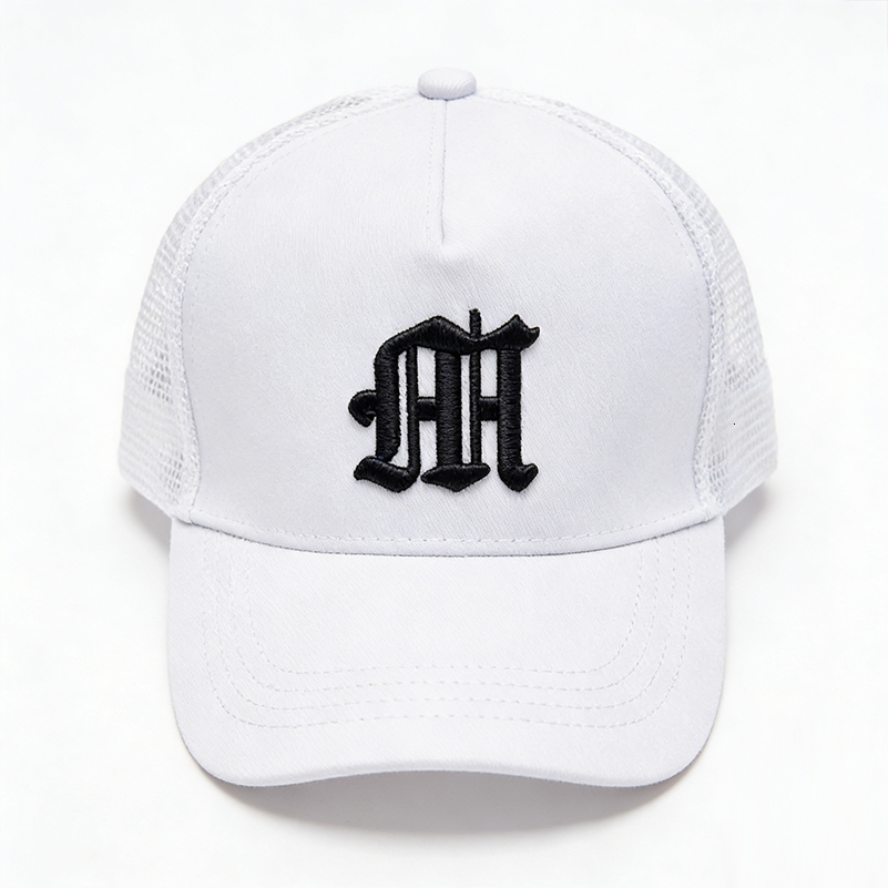 Men's Women's White Mesh Trucker Cap Gothic Letter Embroidery Adjustable Snapback Hat