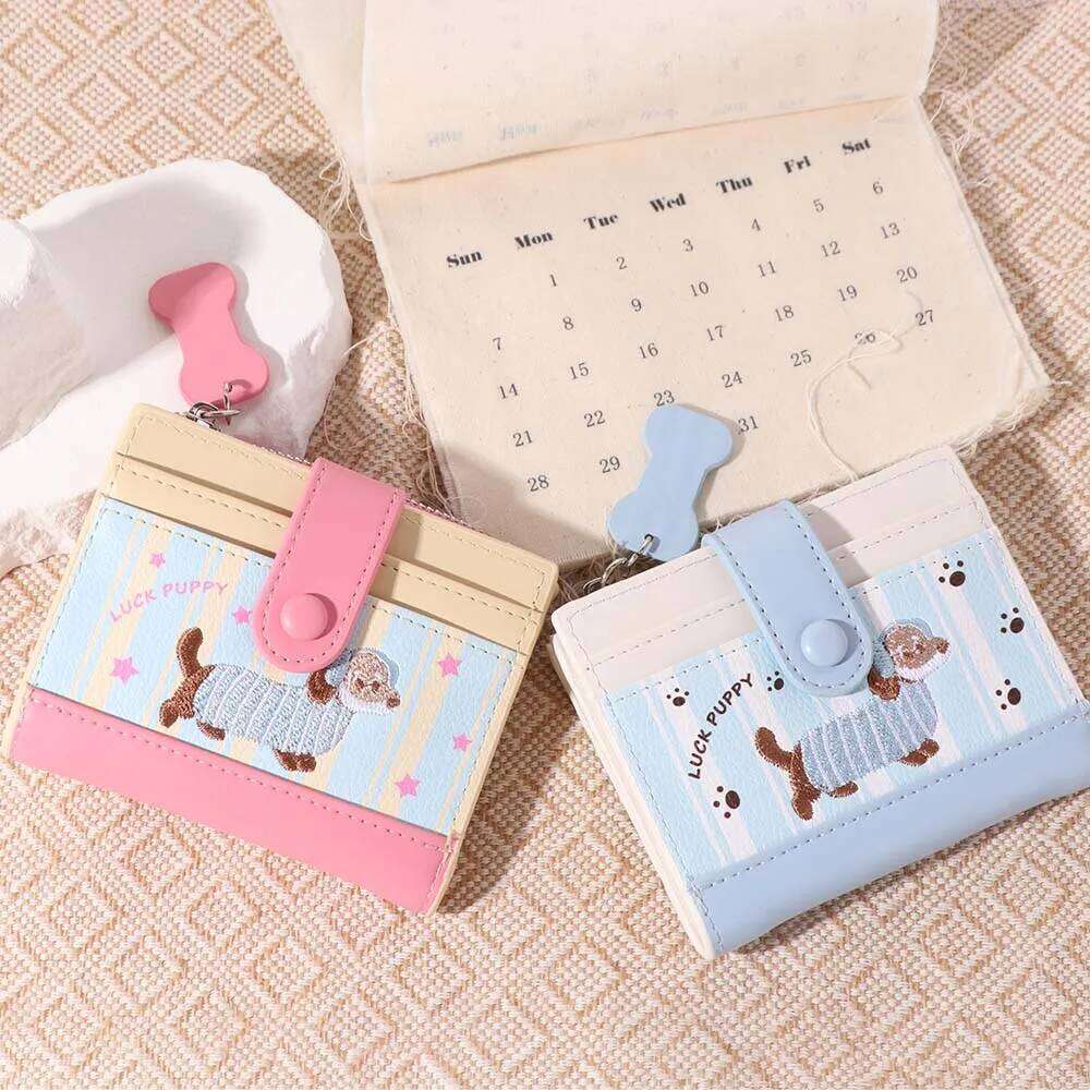 Sweet Dopamine Color Dachshund Embroidery Coin Purse Pouch Card Cartoon Pu Wallet Zipper Ins Small Item Bag Children Y260206