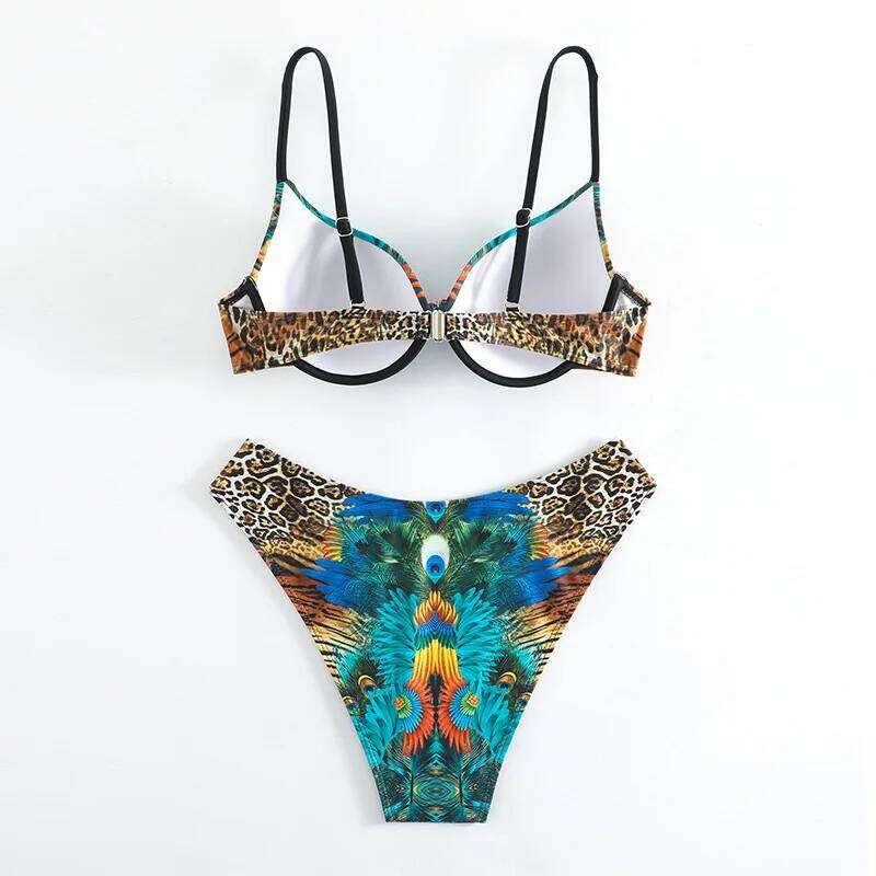 XS-XXL sexy peacock leopard print high waist push up bikini set two pieces swimsuit beachwear bathing suit swimwear biquini XJ260206