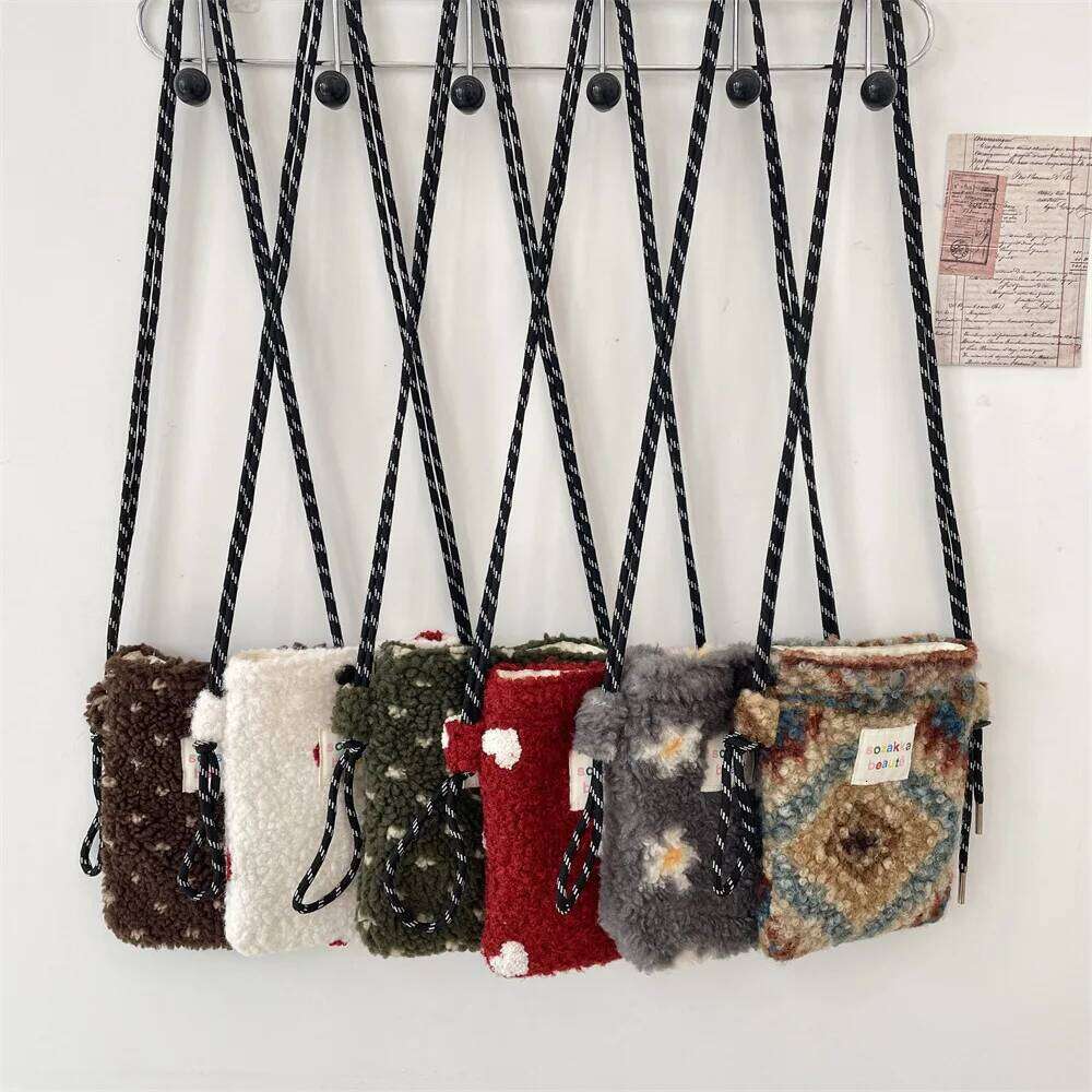 Women Crossbody Bag Striped floral Mobile Phone Cute Mini Wallets Plush Shoulder Bags 2025 Autumn Winter Coin Purse XJ260129