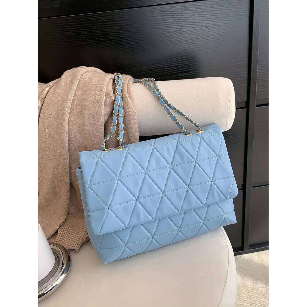 Fashion Blue Pu Flap Golden Large Capacity Niche Geometric Handbag Women's Embroidery Thread Metal Chain Shoulder Bag Y260205