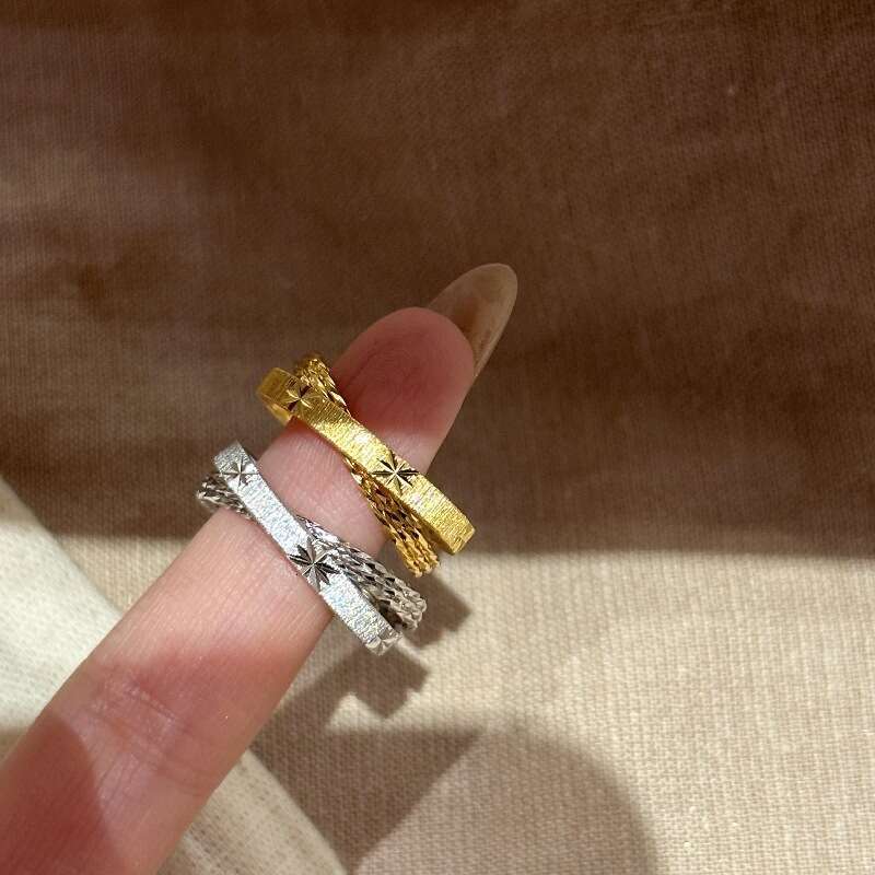 Light Luxury High-End Vintage Double Starlight Plain Circle Cross Old Money Style Versatile Exquisite Design Sense Stackable Ring