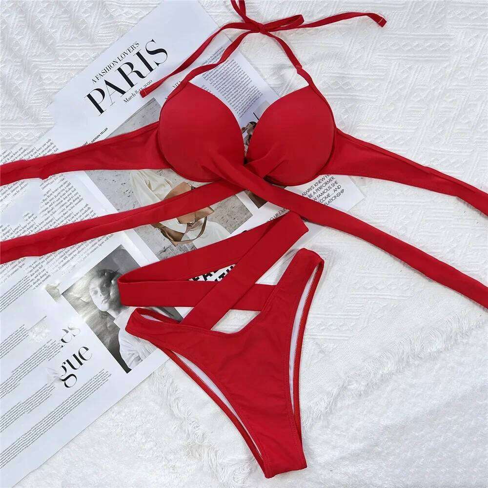 Twisted Bandage Halter Bikini 2025 Mujer High Waist Swimwear Women Swimsuit Bathing Suit Brown Brazilian Bikinis Sets Beach wear Z260206