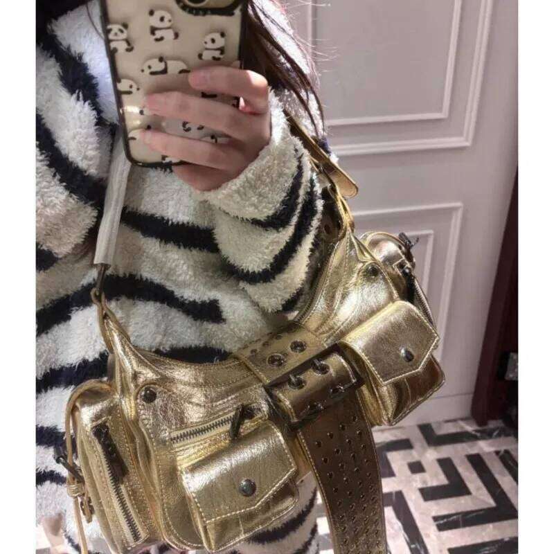 JIAERDI High Street Silver Y2k Shoulder Women Rivet Pocket Chic Casual Underarm Bag Hot Girls Moto Biker Crossbody Bags New Y260205