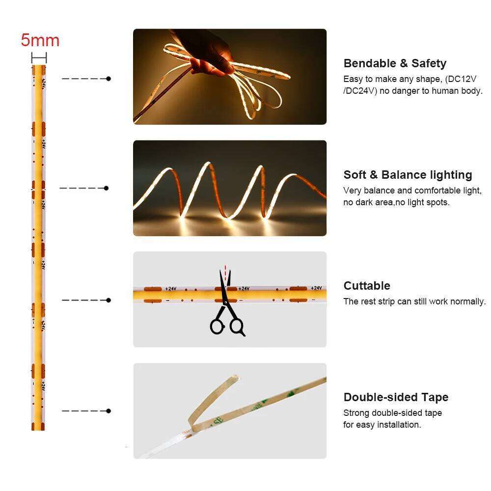 5mm Super Thin COB Strip 400LEDs/m High Density Flexible LED Tape Linear Dimmable RA90 3000K 4000K 6500K Room Decor Lighting Z260206