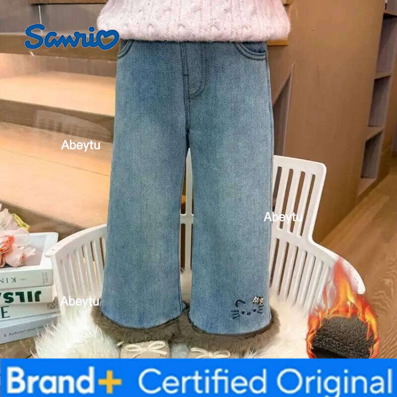 Sanrio Hello Kittys Girls Jeans Autumn Winter New Wide Leg Pants Leisure Fashion Keep Warm Plus Velvet Kawaii Cartoon H260206