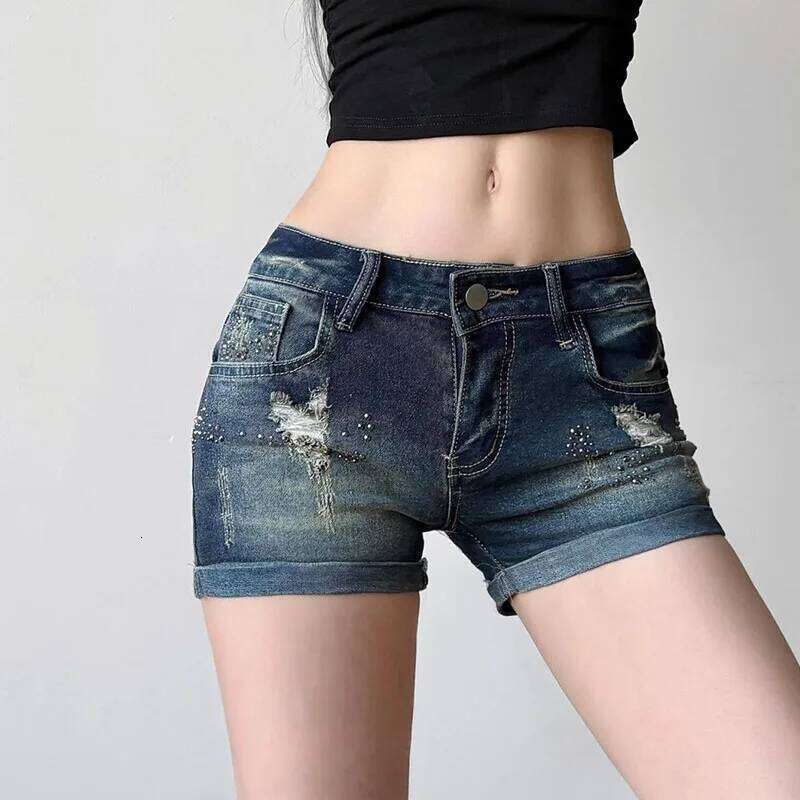 Summer Women Hole Denim Sexy Low Waist Slim Fit Hot Rhinestones Short Jeans Woman Retro Y2K Streetwear Roll Up Hem Shorts XJ260206