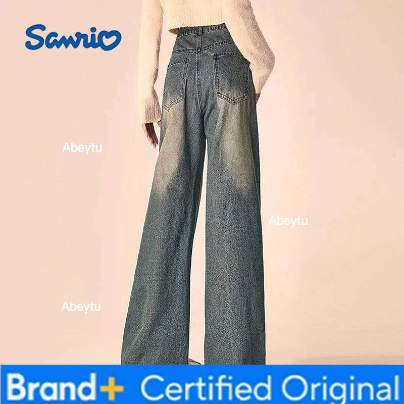 Sanrio Street Vintage Embroidered Pic Wide Leg Jeans Women's Summer New High Waist Loose Elegant Student Straight Denim Trousers H260206