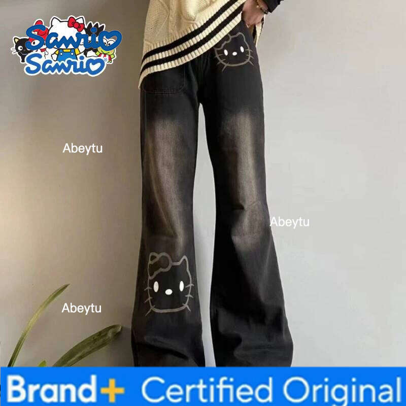 Sanrio Hello Kitty 2025 New Children Jeans Kawaii Girls Autumn High Waist Black Wide Leg Straight Pants Holiday Birthday Gifts H260206