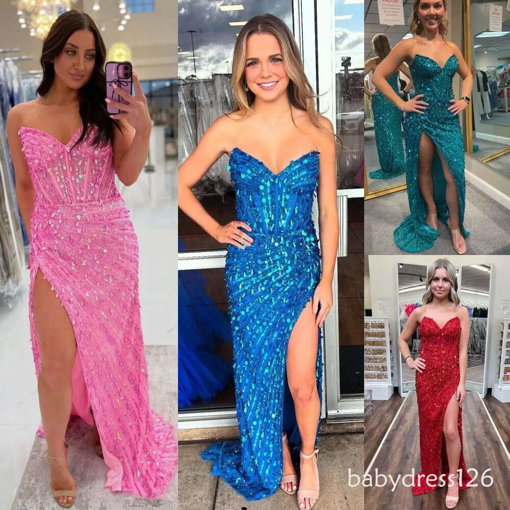 Peacock Sequins Prom Dress High Slit Column Fitted Lady Pageant Homecoming Gala Dresses Formal Evening Special Occasions Gowns J15