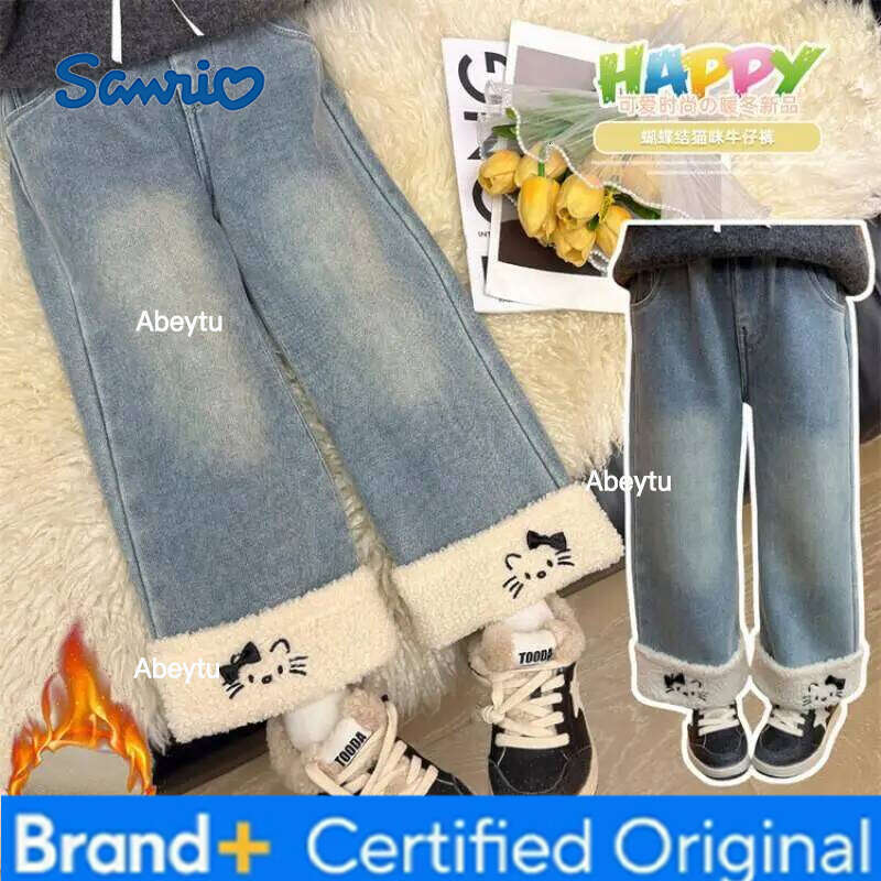 Sanrio Hot Y2K Girl Jeans Hello Kitty Kawaii Anime Autumn and Winter Student Keep Warm Long Pants Children's Clothing New Style H260206