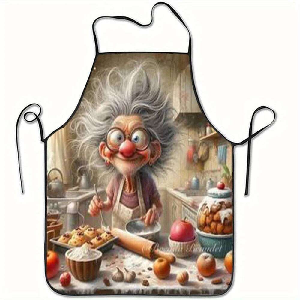 1pc Whimsical Grandma Cooking Print Sleeveless Polyester Colorful Kitchen Baking Apron with Adjustable Neck Strap S260205