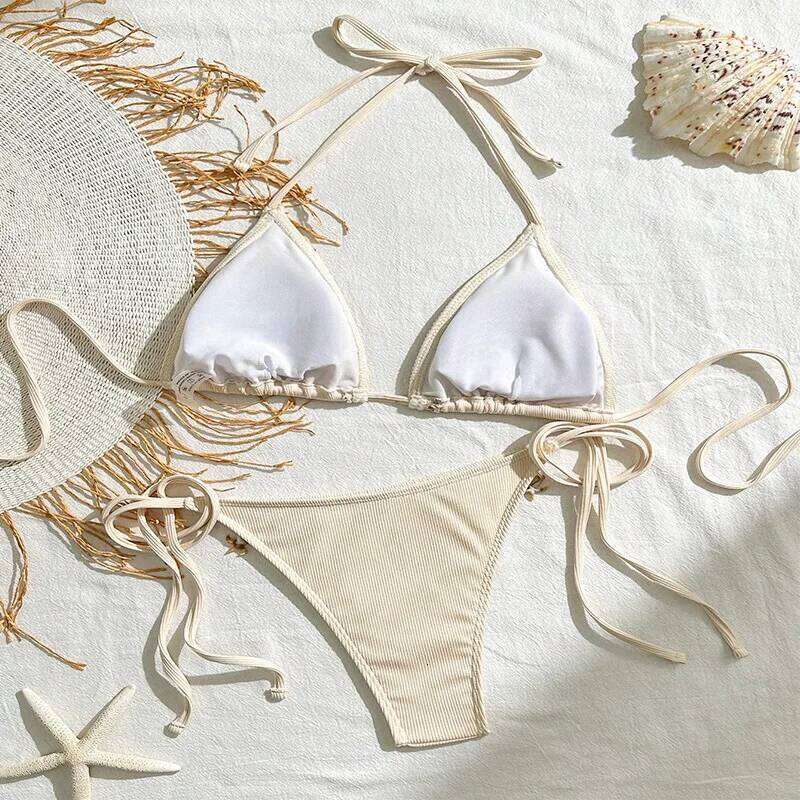 Sexy Red Shiny Triangle Micro Thong Bikinis Sets for Women Mini Swimwear Bathing Suits String Halter Bikini Mujer Swimsuit 2024 Z260206