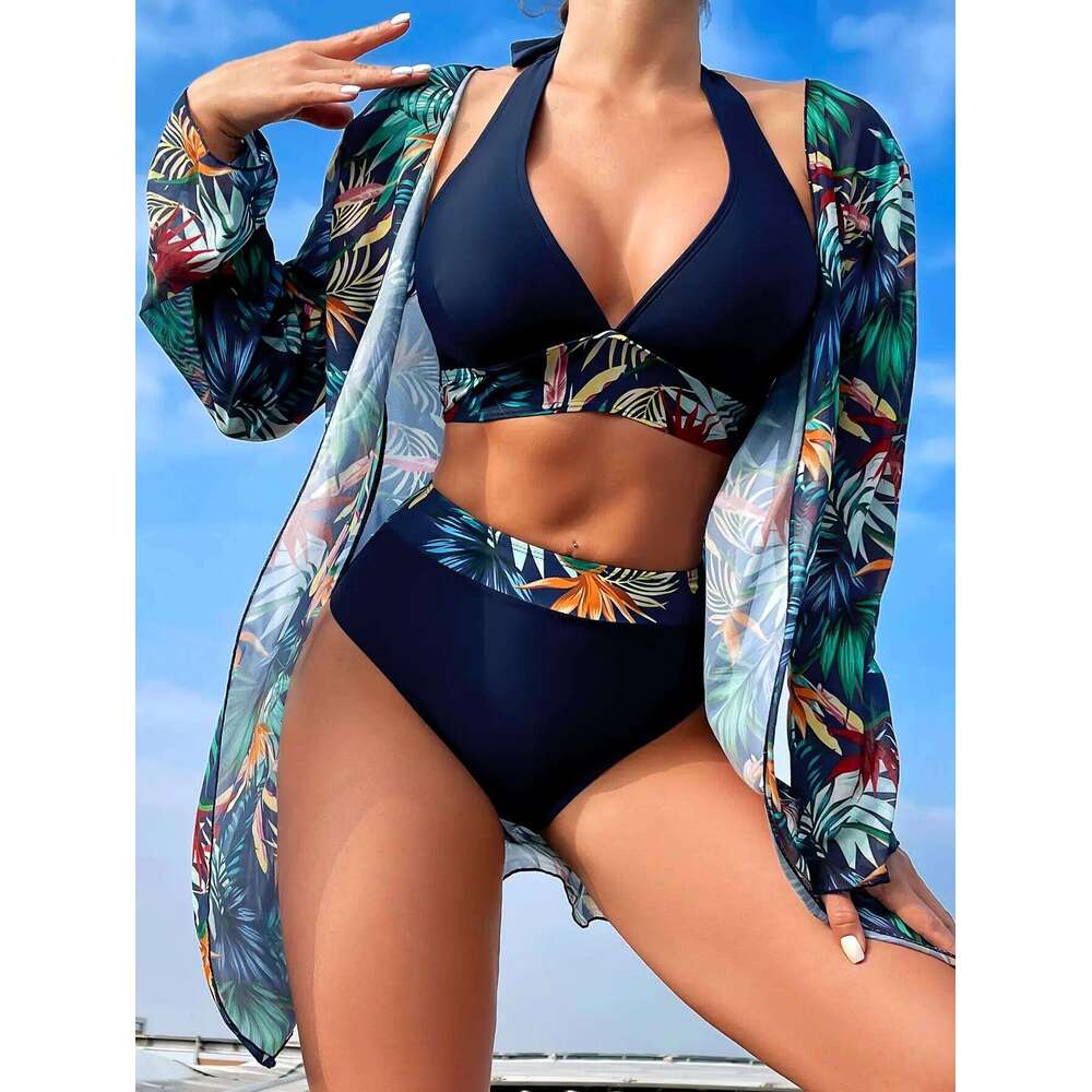 Halter Print Bikini Sets 3PCS Women Swimsuit With Kimono High Waist Swimwear Female Bathers Bathing Swimming Swim Suit Beachwear Z260206