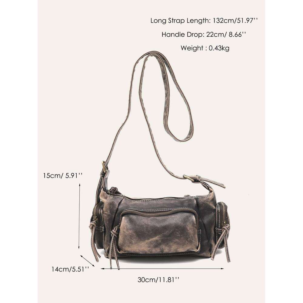 Women Retro Cool Preppy Street Style Shoulder Bag Washed PU Vegan Leather Vintage Functional Practical Cross body Handbag Casual Y260205