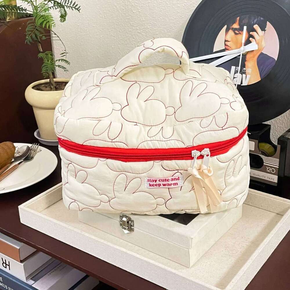 Cute Women Portable Rabbit Quilted Cotton Cosmetic Bag Handbag Lady Tote Makeup Pouch Travel Organizer Storage Bags With Zipper Y260206