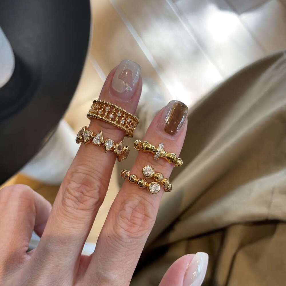 Vintage Brushed Retro Full Diamond Elegant High-end Light Luxury Beaded Lace Bamboo Joint Ring for Women
