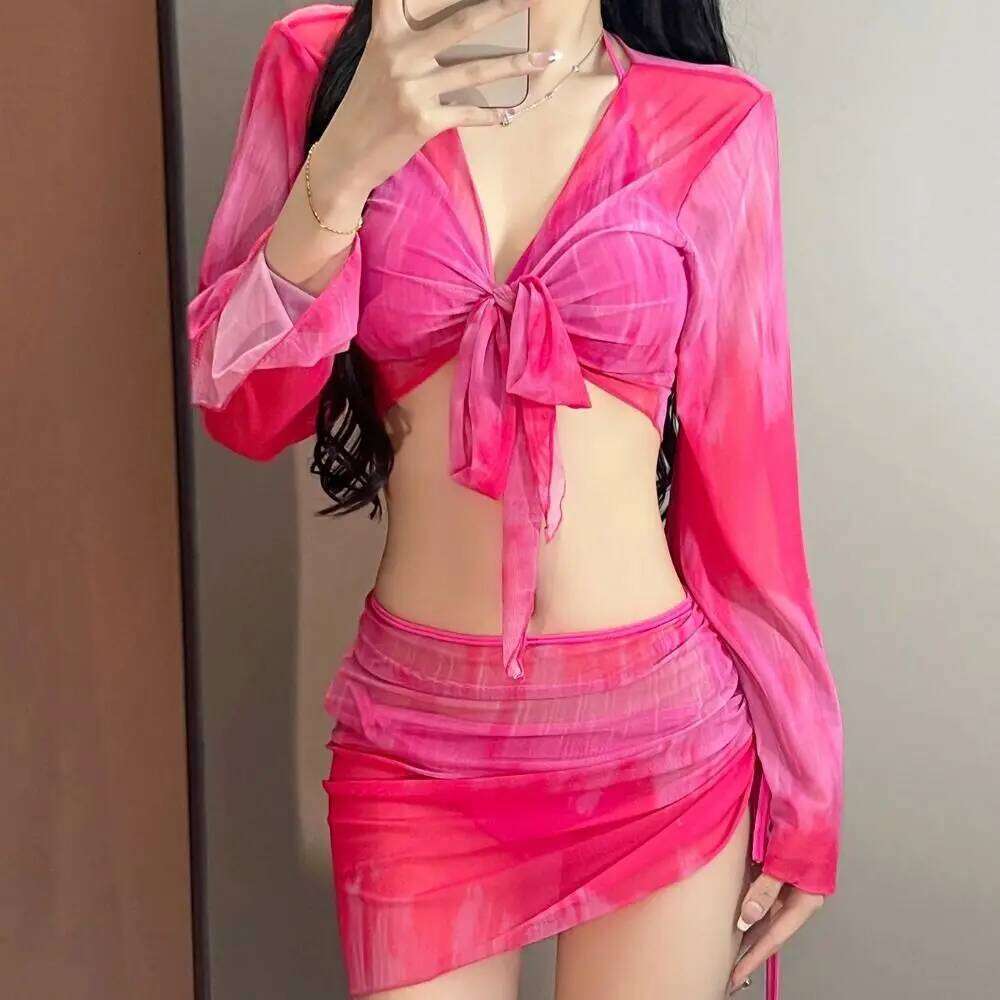Women's Fashion Tie Dye Bikini Mesh Long Sleeve 4 Piece Bathing Suit Side Ruched Pleated Skirt Swimwear Set Summer Wear Z260206