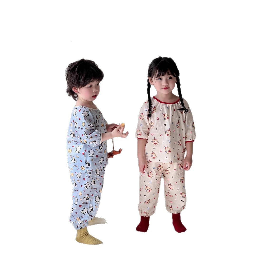 Pajamas Spring Children Cotton double gauze soft pajama sets Boys Girls cartoon long sleeve Tops and pants Homewear 230503