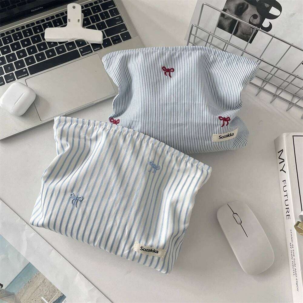 Striped Plaid Embroidered Women Cosmetic Bag Portable Zipper Makeup Travel Organizer Female Toiletry Storage Pouch Y260206