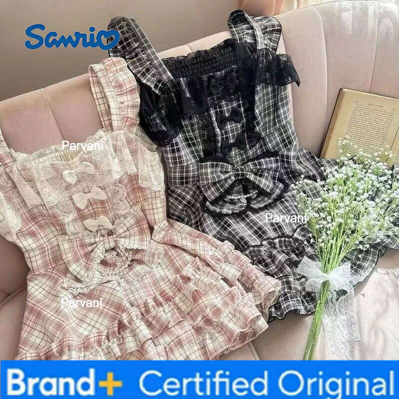 Sanrio Japanese Sweet and Cute Style Lace Bow Plaid Suspender Dress Summer New High-waisted Slim-fitting Sleeveless Short Dresses H260206 - view 3
