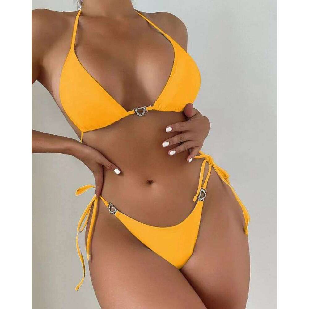 Women Solid Bikini with Crystal Heart Front and Waist Sexy Halter Low Waisted Swimwear Blue/White/Yellow/Rose Swimsuit Z260206