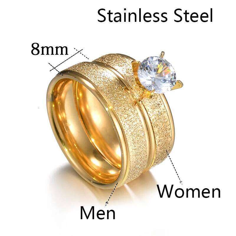 Auxauxme Bling White Stones Engagement Rings for Couples Golden Titanium Steel Romantic Wedding Ring Women Men Jewelry W260206