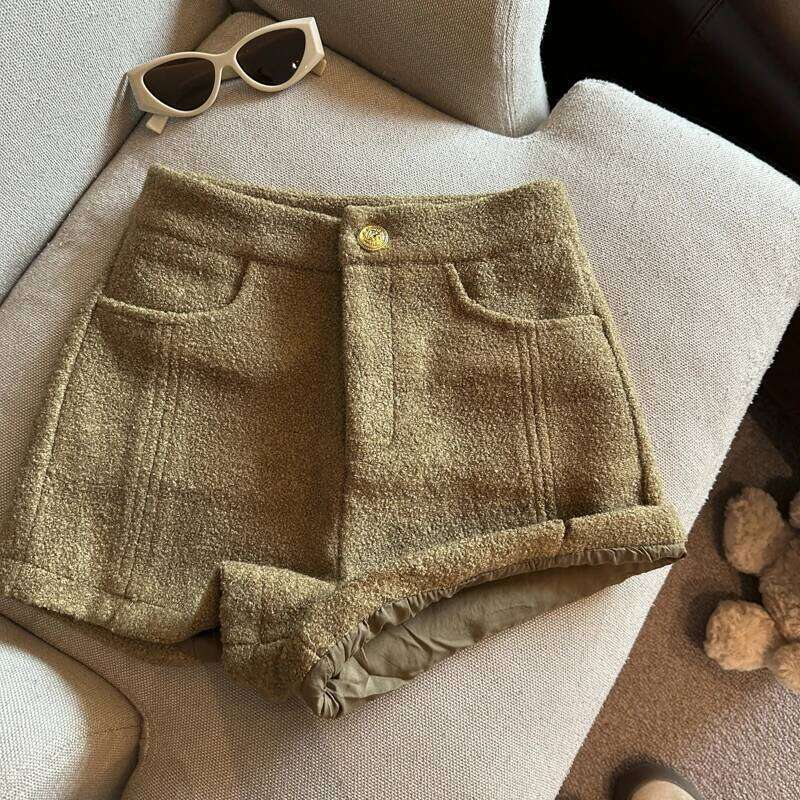 Women's Autumn Winter Wool&blend High Waist Shorts Lady Streetwear Solid Color Boots Short Pants XJ260206