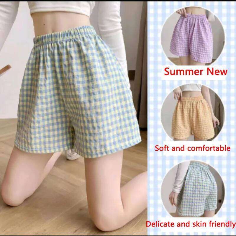 Summer Home Shorts Women's High Waisted Slimming Wide Leg Sports Casual Loose Plaid Pajama Pants XJ260206
