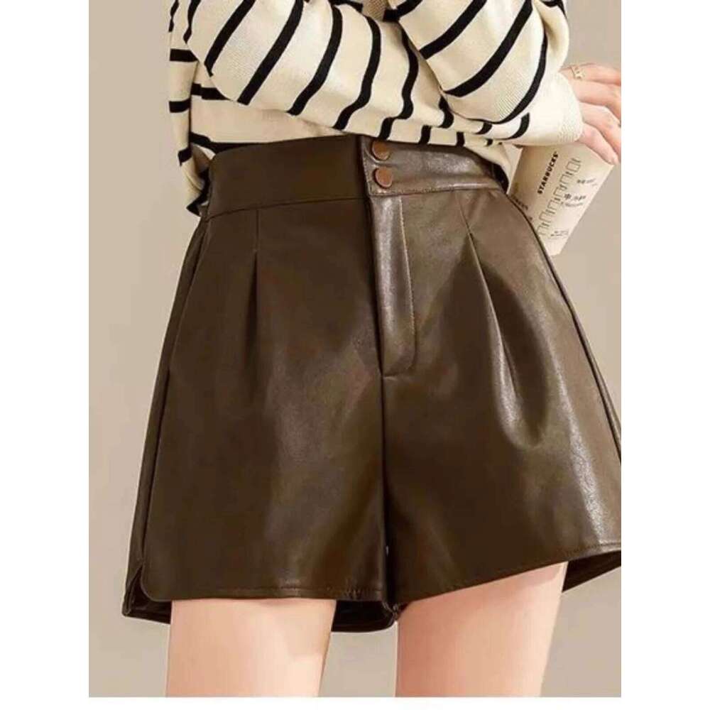 High Waist A- Line PU Leather Shorts Women's Autumn Hot Sale Of The Season New Style Wide Leg Pants Outwear Boot Match Casual... XJ260206