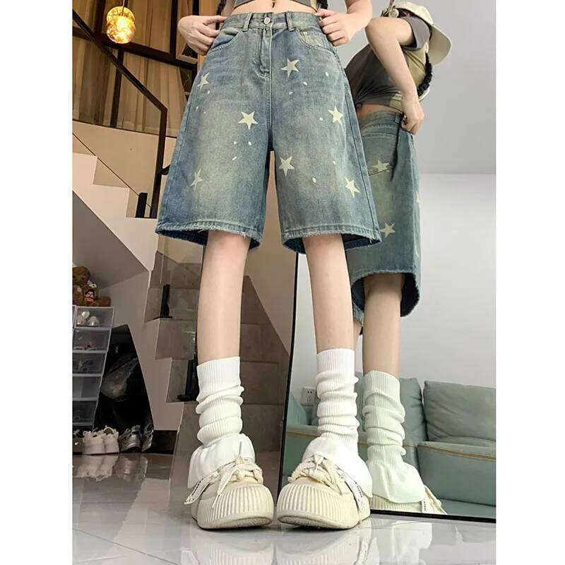American Style Vintage Women's Short Jeans High Waisted Washed Wide Leg Denim Pants Woman Fashion Do Old Star Knee Length Shorts XJ260206