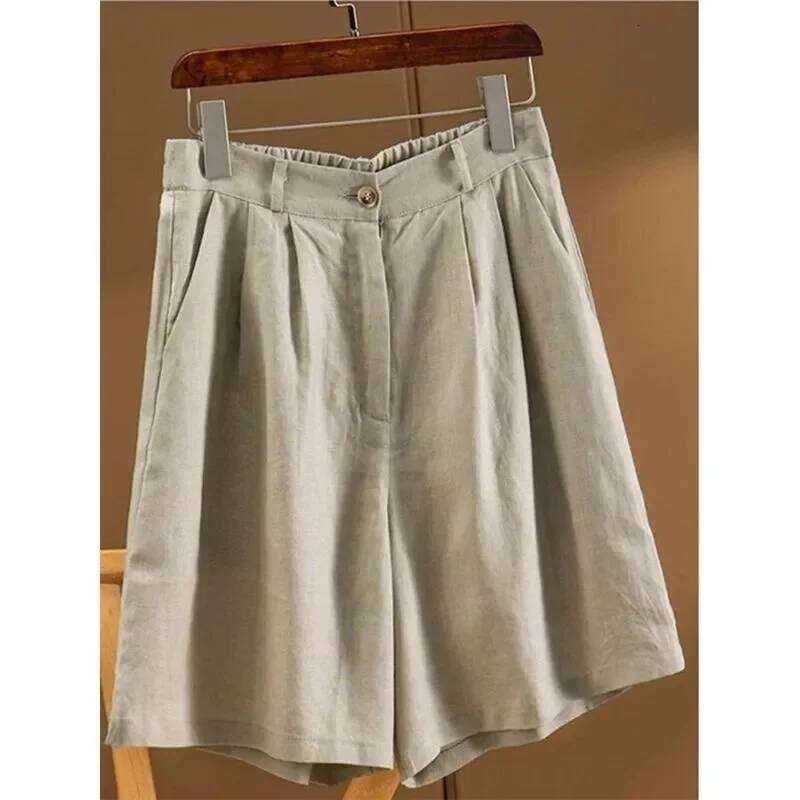 Khaki Solid Casual Linen Cotton Elastic High Waist Wide Leg Button Loose Women's Korean Fashion Summer Shorts Women XJ260206