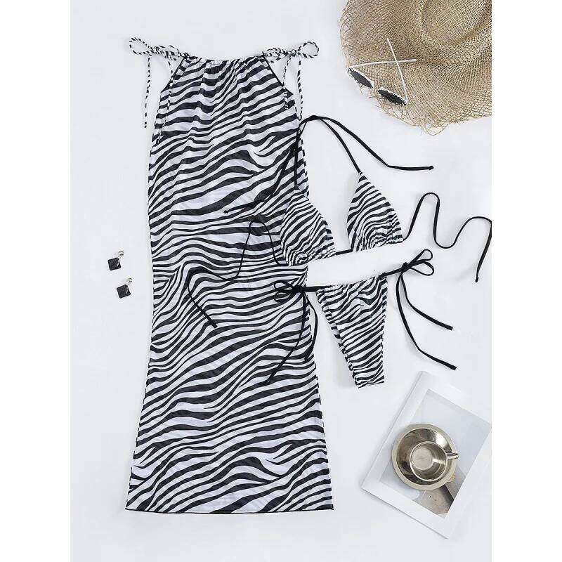 New Soft Bag Zebra Pattern Halter Neck Lace-up Sexy Elegant Party Bikini Three-piece Set Z260206